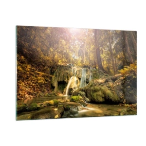 Obraz na skle - Lesní vodopád v zelené - 120x80 cm