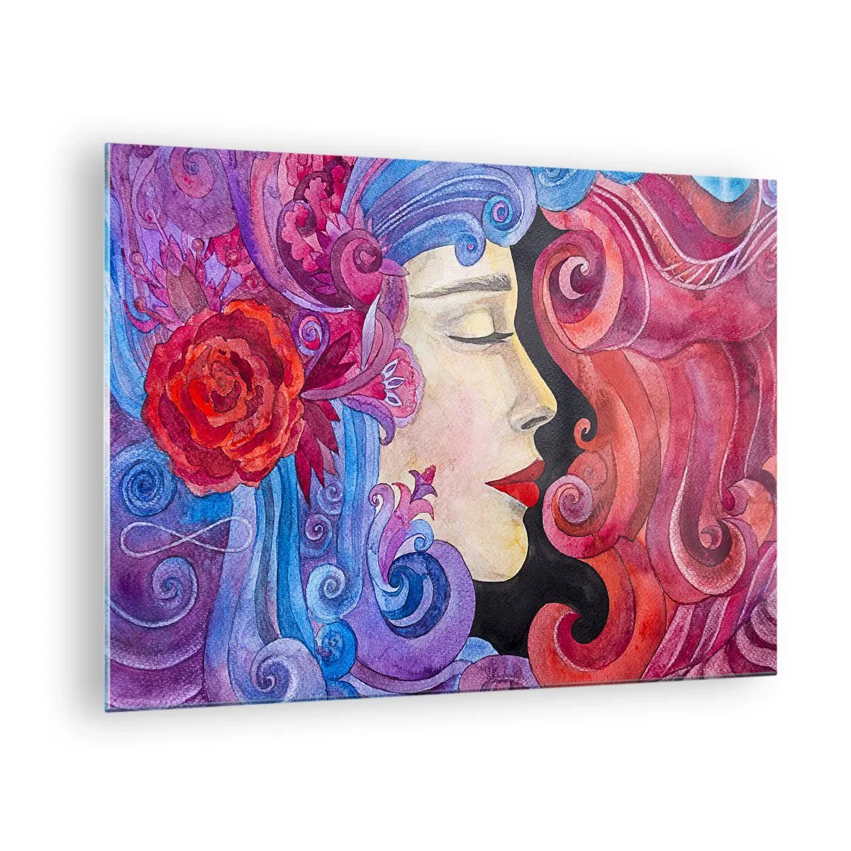 Obraz na skle - Barevný portrét ženy v secesním stylu s bohatou ornamentikou - 70x50cm - Secese stále živá - Moderní nástěnná dekorace do obývacího pokoje a ložnice ARTTOR