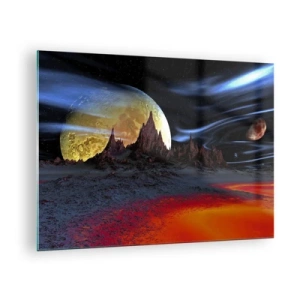 Obraz na skle - Mimozemská krajina s planetou a barevnou oblohou - 70x50cm - Neznámý svět - Moderní nástěnná dekorace do obývacího pokoje a ložnice ARTTOR