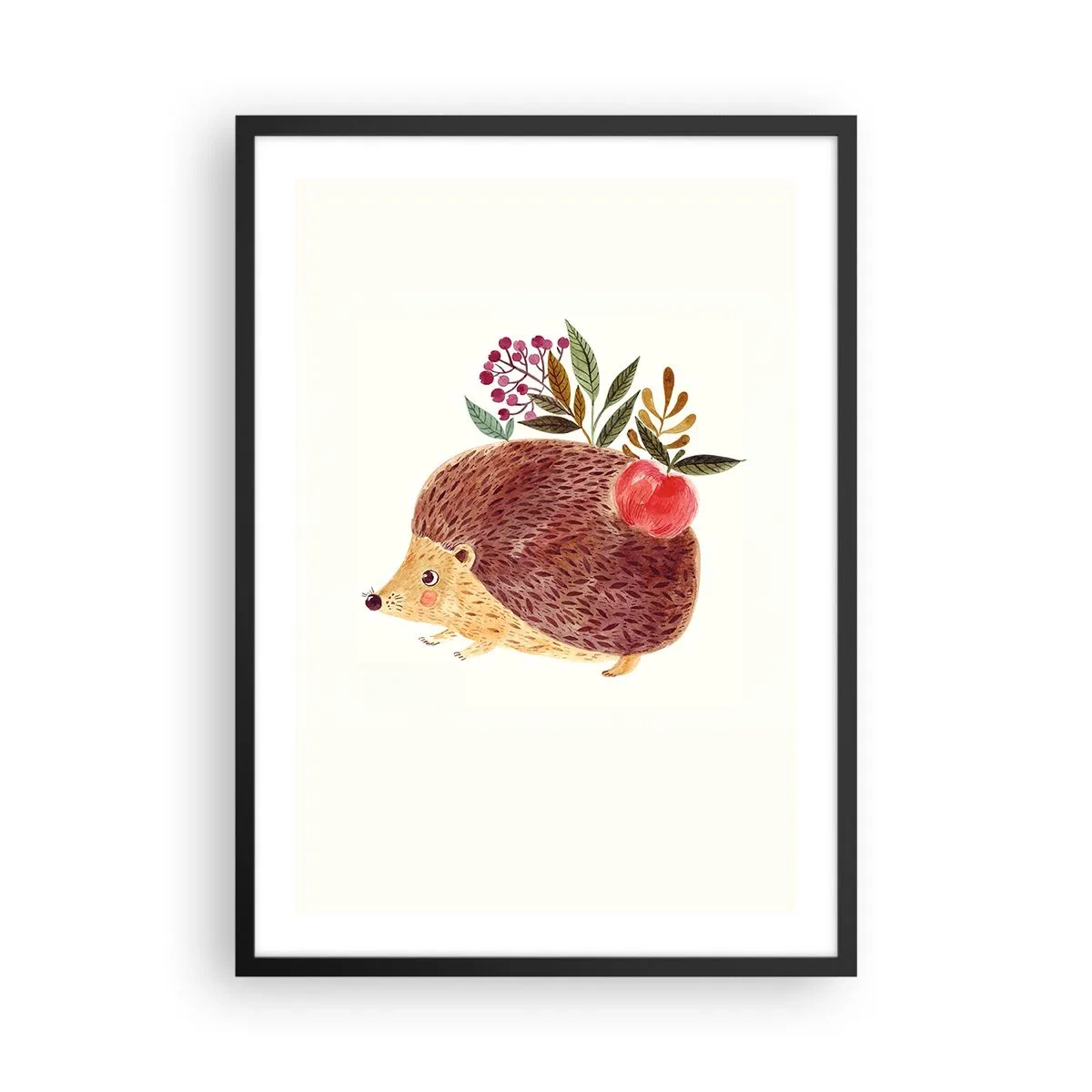 Plakát v černém rámu - Roztomilý ježek s jablkem a větvičkami na světlém pozadí - 50x70cm - A už mě máš rád - Moderní nástěnná dekorace do obývacího pokoje a ložnice ARTTOR