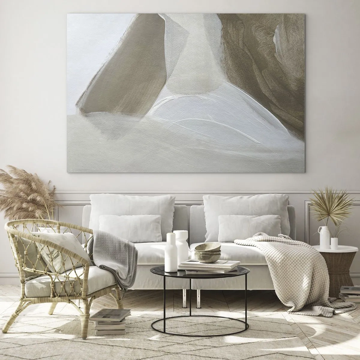 Obraz na skle - Jemná abstrakce v bílé a béžové barvě s jemnými tahy. - 70x50cm - Vlna bílé - Moderní nástěnná dekorace do obývacího pokoje a ložnice ARTTOR