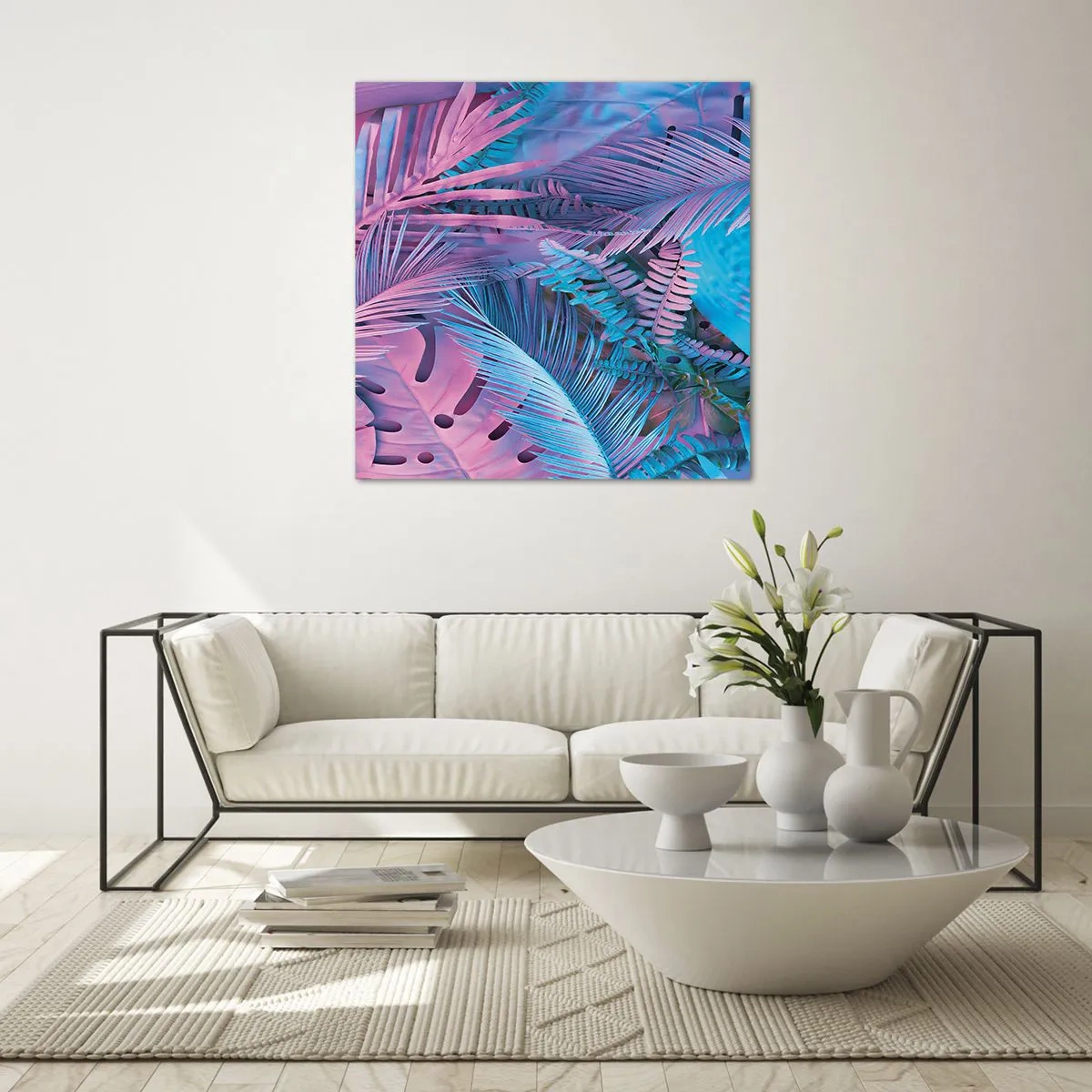 Obraz na skle - Tropy v růžové a modré - 70x70 cm