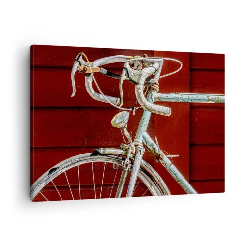Obraz na plátně - Vintage kolo proti červené dřevěné zdi - 70x50cm - Stvořený pro vítězství - Moderní nástěnná dekorace do obývacího pokoje a ložnice ARTTOR