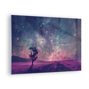 Obraz na skle - Strom na pozadí hvězdné oblohy a galaxie - 70x50cm - Pod magickou oblohou - Moderní nástěnná dekorace do obývacího pokoje a ložnice ARTTOR