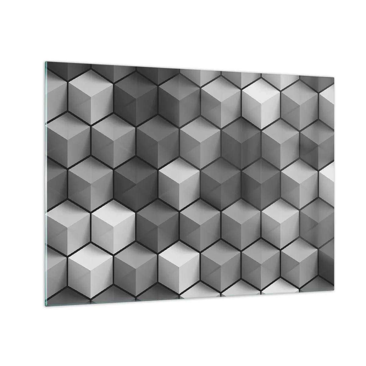 Obraz na skle - Geometrické kostky v odstínech šedé - 70x50cm - Kubistické puzzle - Moderní nástěnná dekorace do obývacího pokoje a ložnice ARTTOR