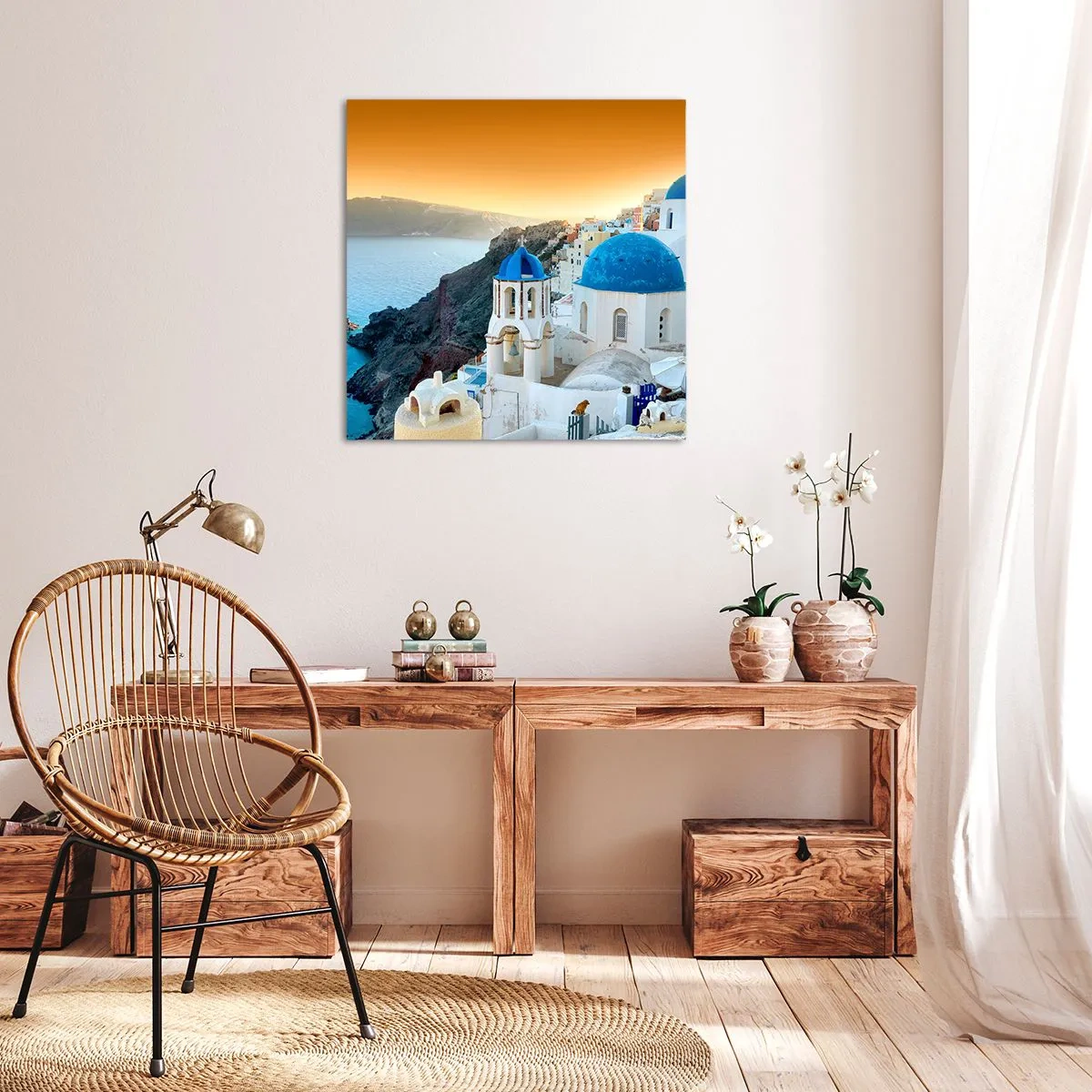 Obraz na plátně - Santorini - přitulené ke skalám - 30x30 cm