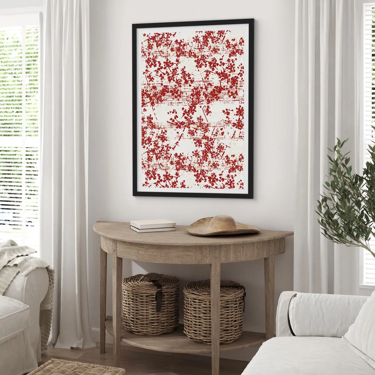 Plakát v černém rámu - Červené květinové akcenty na světlém pozadí - 50x70cm - Staré kaliko - Moderní nástěnná dekorace do obývacího pokoje a ložnice ARTTOR