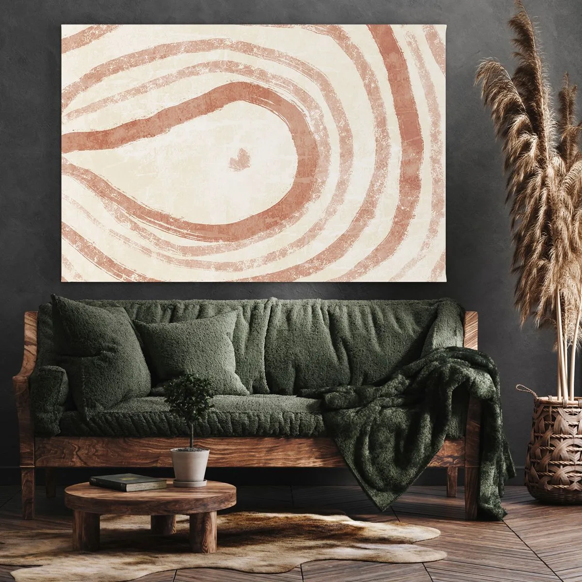 Obraz na plátně - Abstraktní motiv soustředných linií v odstínech terakoty. - 70x50cm - Korálové kruhy – kompozice - Moderní nástěnná dekorace do obývacího pokoje a ložnice ARTTOR