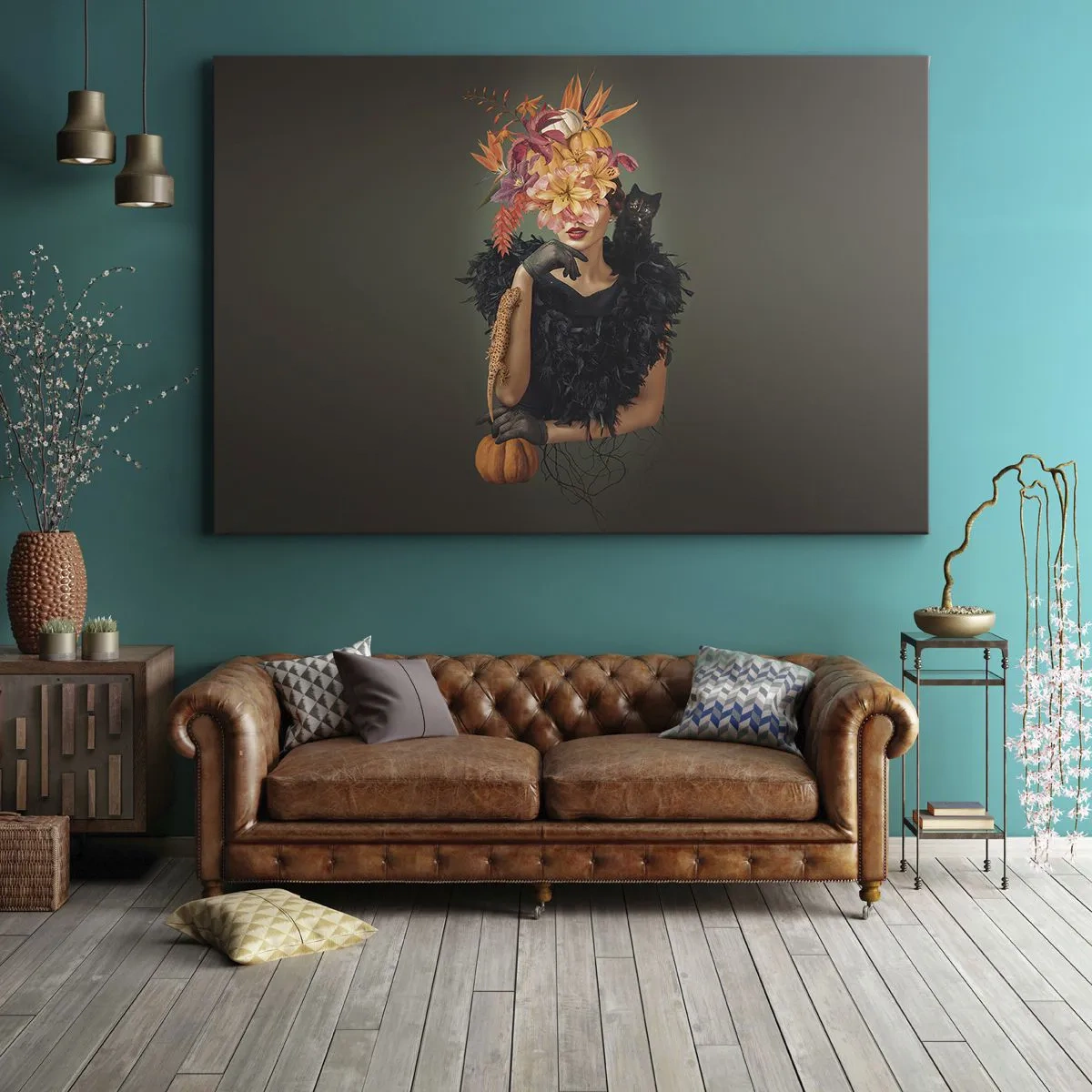 Obraz na plátně - Portrét ženy s podzimními motivy a kočkou - 70x50cm - Kouzlo čarodějnice - Moderní nástěnná dekorace do obývacího pokoje a ložnice ARTTOR