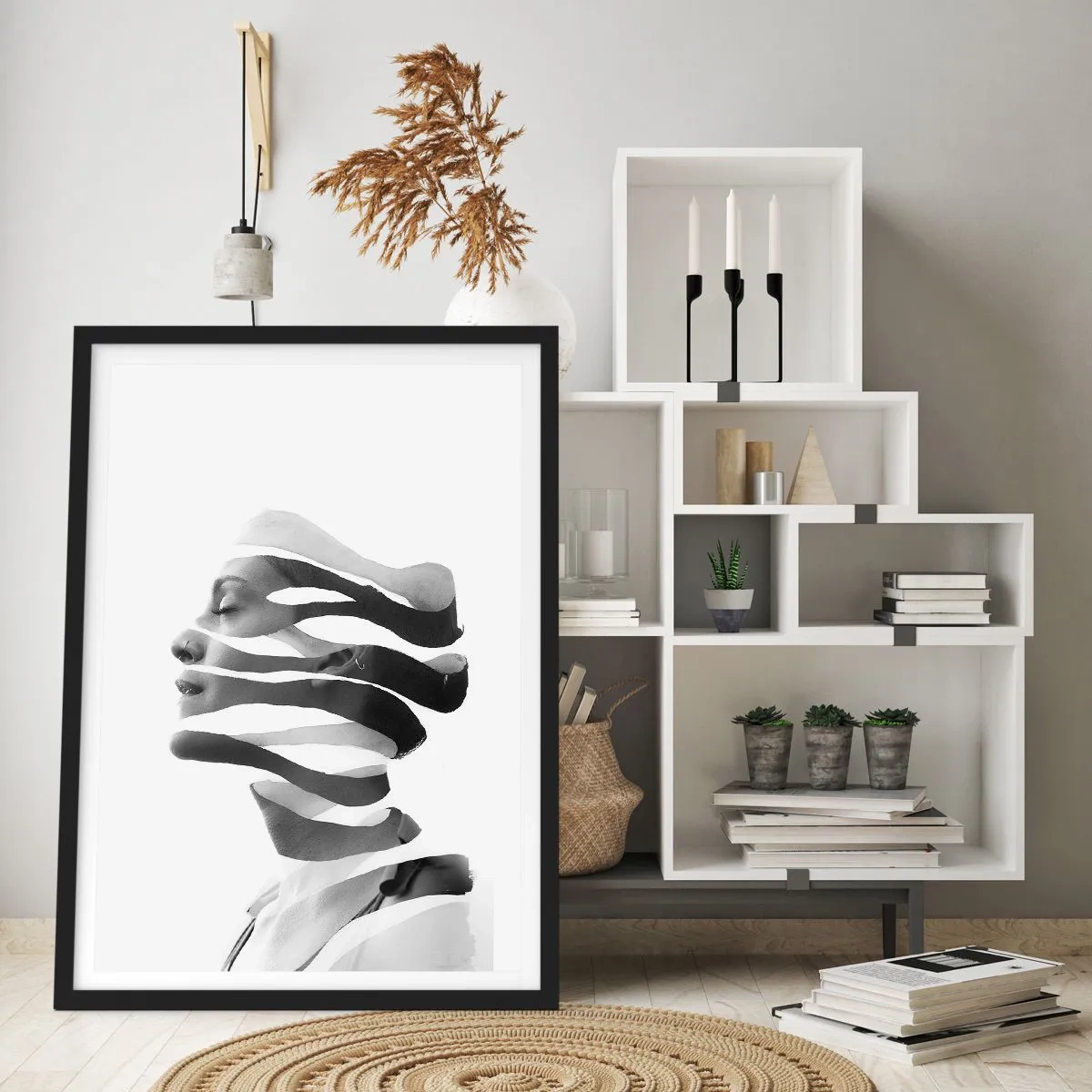 Plakát v černém rámu - Černobílý portrét ženy v minimalistickém stylu - 50x70cm - Surrealistický portrét - Moderní nástěnná dekorace do obývacího pokoje a ložnice ARTTOR