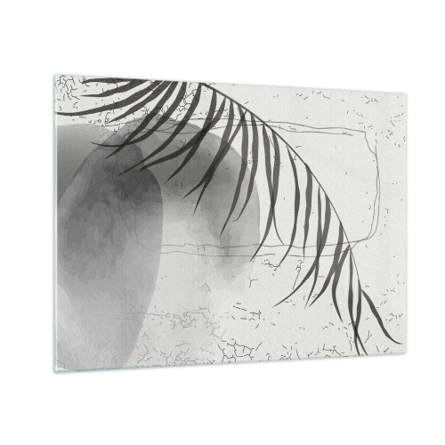 Obraz na skle - Černobílý stín palmového listu - 70x50cm - Subtilní exotika přírody - Moderní nástěnná dekorace do obývacího pokoje a ložnice ARTTOR