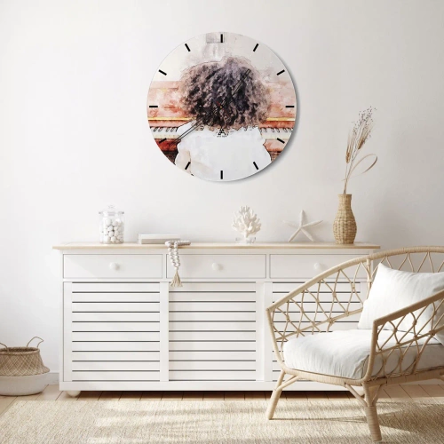 Nástěnné hodiny - Dítě hrající na klavír, pohled zezadu v uměleckém stylu. - 30x30cm - V novém světě - Moderní nástěnná dekorace do obývacího pokoje, kuchyně a ložnice ARTTOR