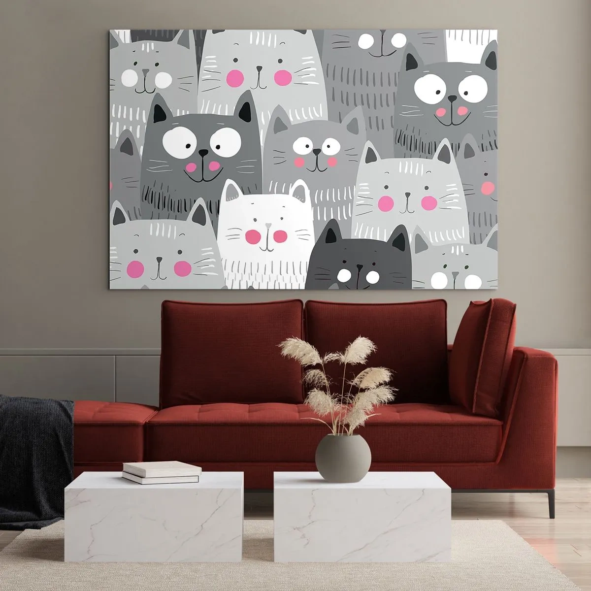 Obraz na skle - Legrační kočky v šedých barvách na bílém pozadí - 70x50cm - Kočičí svět - Moderní nástěnná dekorace do obývacího pokoje a ložnice ARTTOR