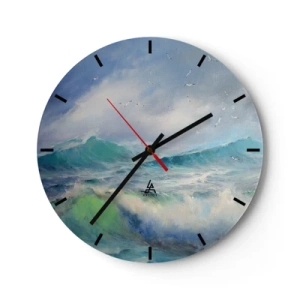 Nástěnné hodiny - Obrázek mořských vln s racky na modré obloze - 30x30cm - „Vichřice zavyla triumfálně…“ - Moderní nástěnná dekorace do obývacího pokoje, kuchyně a ložnice ARTTOR