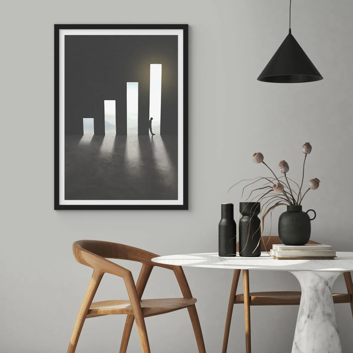 Plakát v černém rámu - Symbolické dveře ve tvaru grafu s postavou - 50x70cm - Úspěch – imprese - Moderní nástěnná dekorace do obývacího pokoje a ložnice ARTTOR