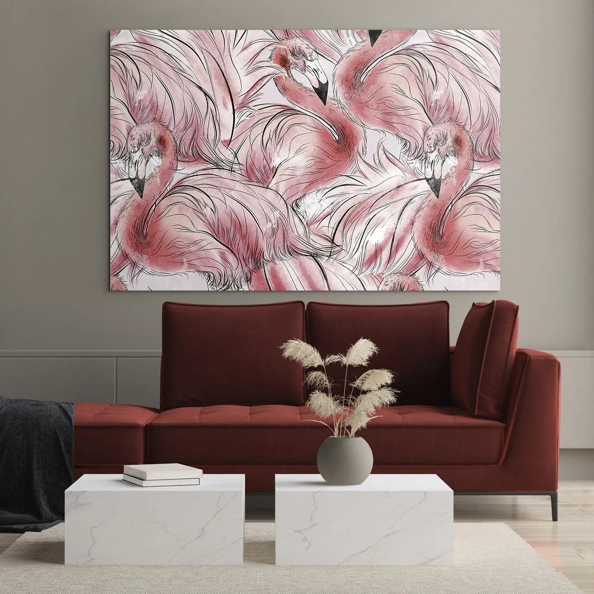 Obraz na skle - Růžoví plameňáci v dekorativním kresleném stylu - 70x50cm - Ptačí corps de ballet - Moderní nástěnná dekorace do obývacího pokoje a ložnice ARTTOR
