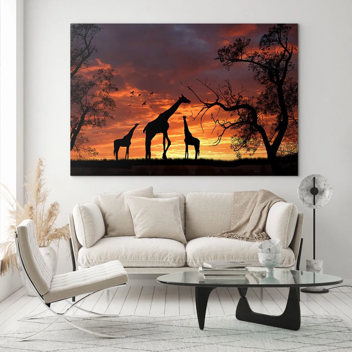 Obraz na skle - Siluety žiraf na pozadí západu slunce v africké krajině - 70x50cm - Malá večeře v kruhu nejbližších - Moderní nástěnná dekorace do obývacího pokoje a ložnice ARTTOR