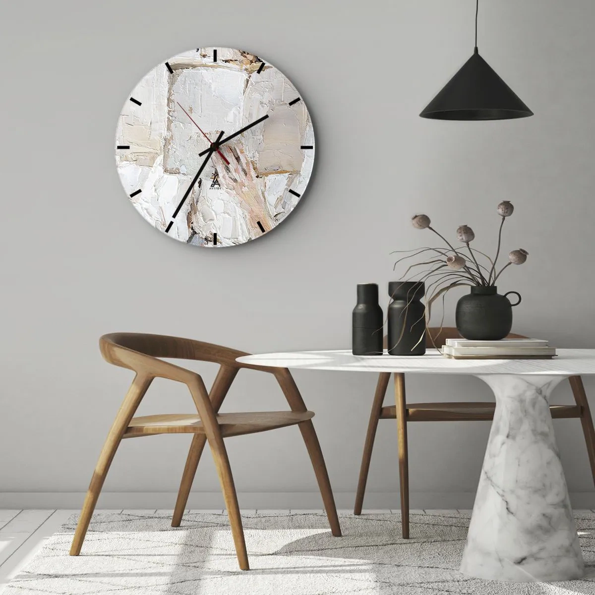 Nástěnné hodiny - Texturovaná malířská kompozice v béžové a bílé barvě - 30x30cm - V jiném světě - Moderní nástěnná dekorace do obývacího pokoje, kuchyně a ložnice ARTTOR