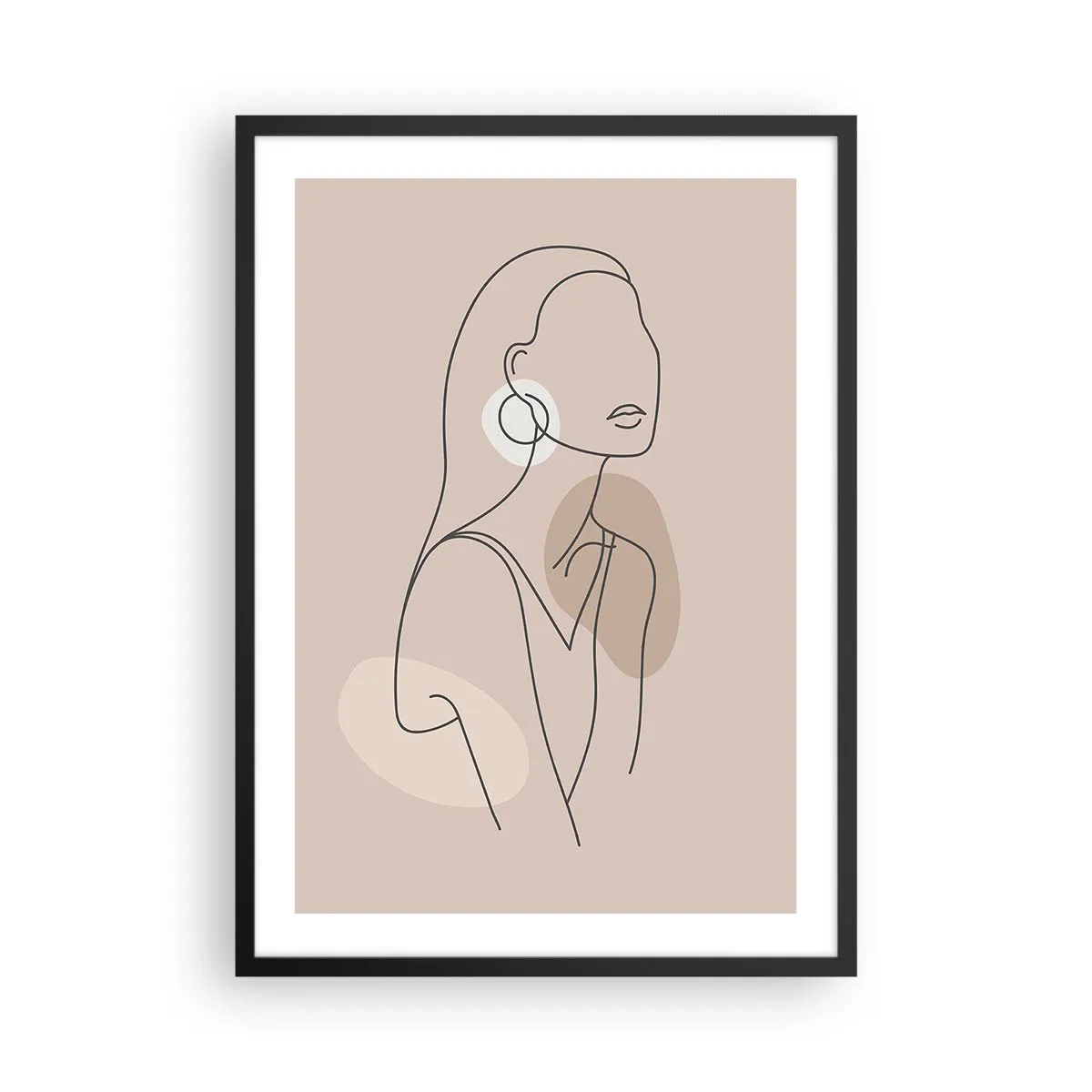 Plakát v černém rámu - Minimalistická kresba ženy v pastelových odstínech béžové. - 50x70cm - Dívčí ikona - Moderní nástěnná dekorace do obývacího pokoje a ložnice ARTTOR