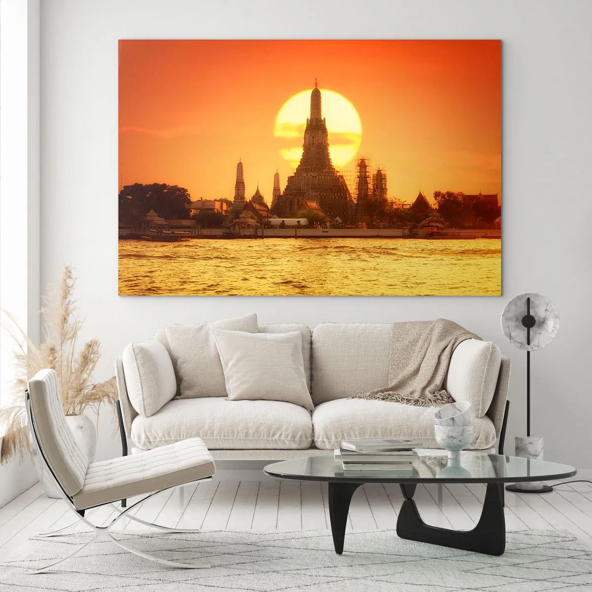 Obraz na skle - Chrám při západu slunce nad řekou - 70x50cm - Ke slunci, vždy ke slunci - Moderní nástěnná dekorace do obývacího pokoje a ložnice ARTTOR