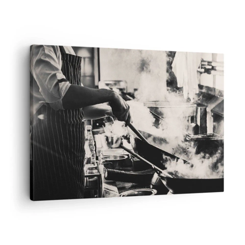 Obraz na plátně - Šéfkuchař při práci v kuchyni s párou stoupající z pánve - 70x50cm - Alchymie chutí - Moderní nástěnná dekorace do obývacího pokoje a ložnice ARTTOR