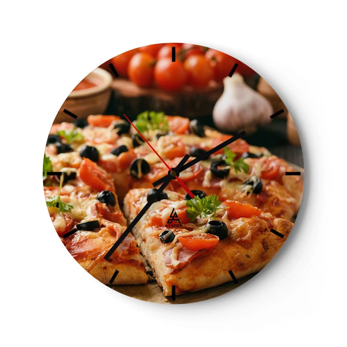 Nástěnné hodiny - Chutná pizza s ingrediencemi - 30x30cm - Opět jsi měl štěstí - Moderní nástěnná dekorace do obývacího pokoje, kuchyně a ložnice ARTTOR