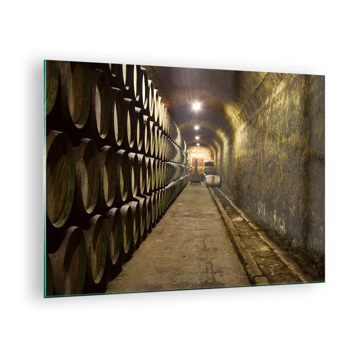 Obraz na skle - Vinný sklep s řadami sudů - 70x50cm - Je dobré si odpočinout - Moderní nástěnná dekorace do obývacího pokoje a ložnice ARTTOR
