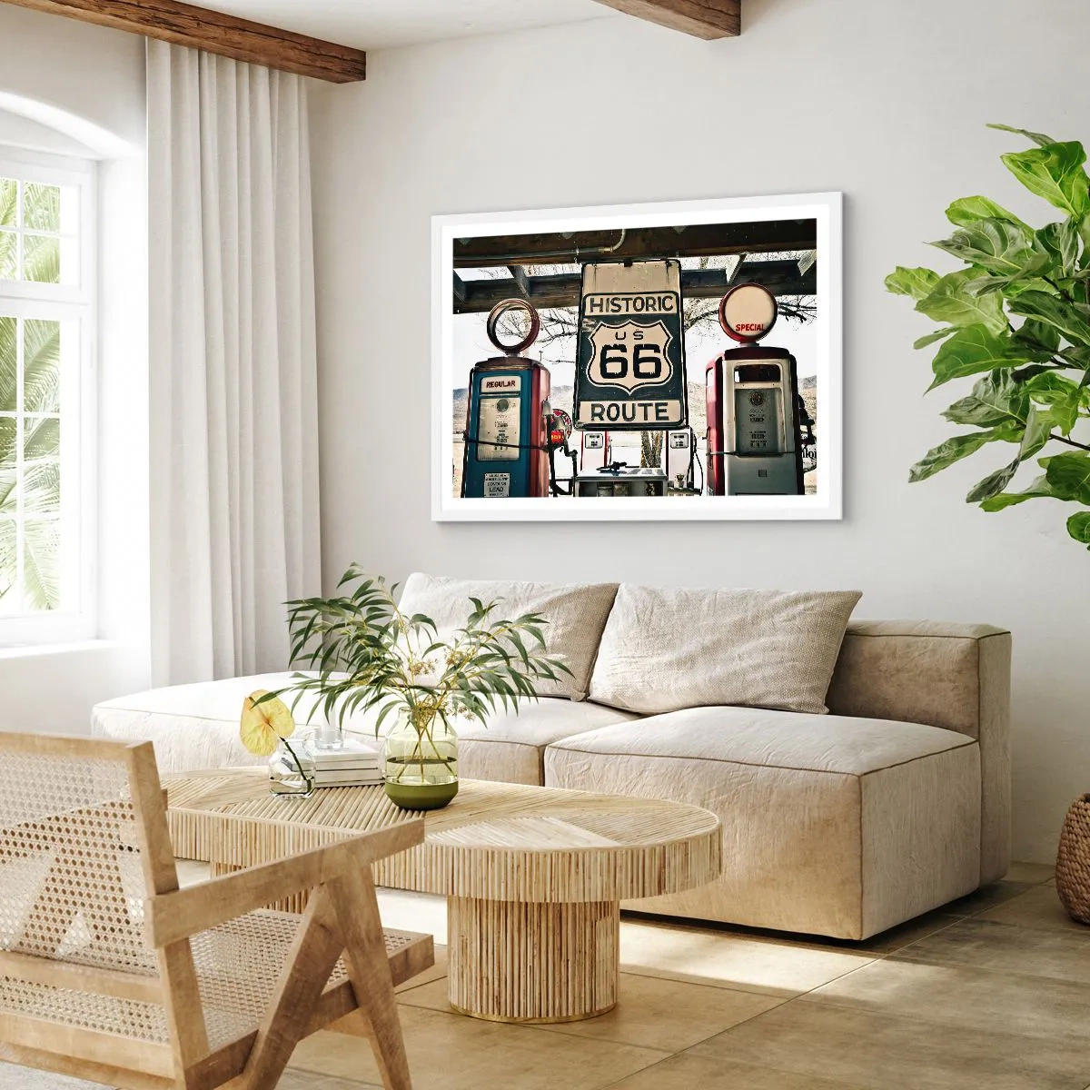 Plakát v bílém rámu - Americká retro cesta - 70x50 cm