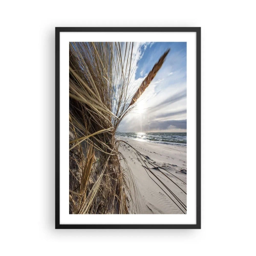 Plakát v černém rámu - Pláž s výhledem na moře a trávu na slunci - 50x70cm - Setkání živlů - Moderní nástěnná dekorace do obývacího pokoje a ložnice ARTTOR