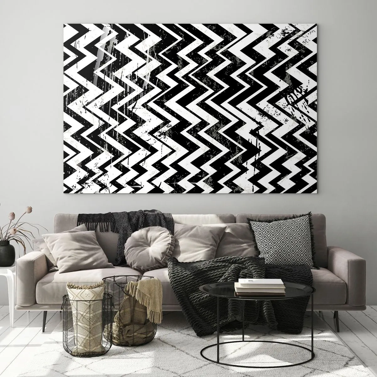Obraz na skle - Černobílý cikcakový vzor s dynamickou kompozicí a texturou. - 70x50cm - Cik-bílé, cik-černé - Moderní nástěnná dekorace do obývacího pokoje a ložnice ARTTOR