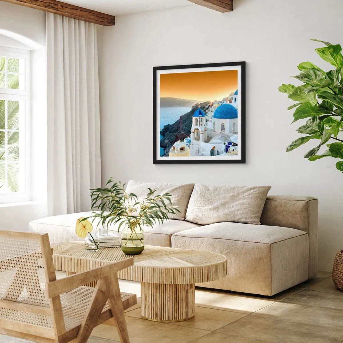 Plakát v černém rámu - Santorini - přitulené ke skalám - 60x60 cm