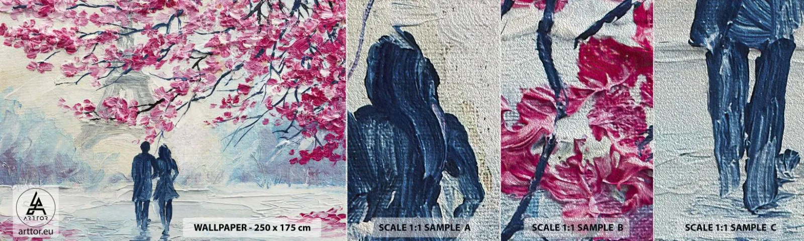 Vzor Fototapety Premium Sand - Romantická procházka - Paříž, Eiffelova věž, Zamilovaný pár - 100x30 cm