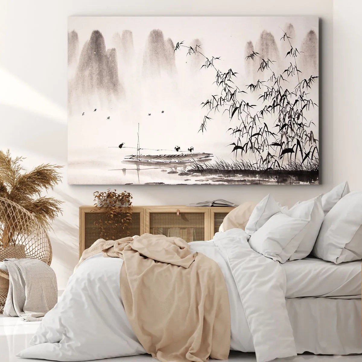 Obraz na plátně - Minimalistická krajina v orientálním stylu - 70x50cm - Klid rýžových polí - Moderní nástěnná dekorace do obývacího pokoje a ložnice ARTTOR
