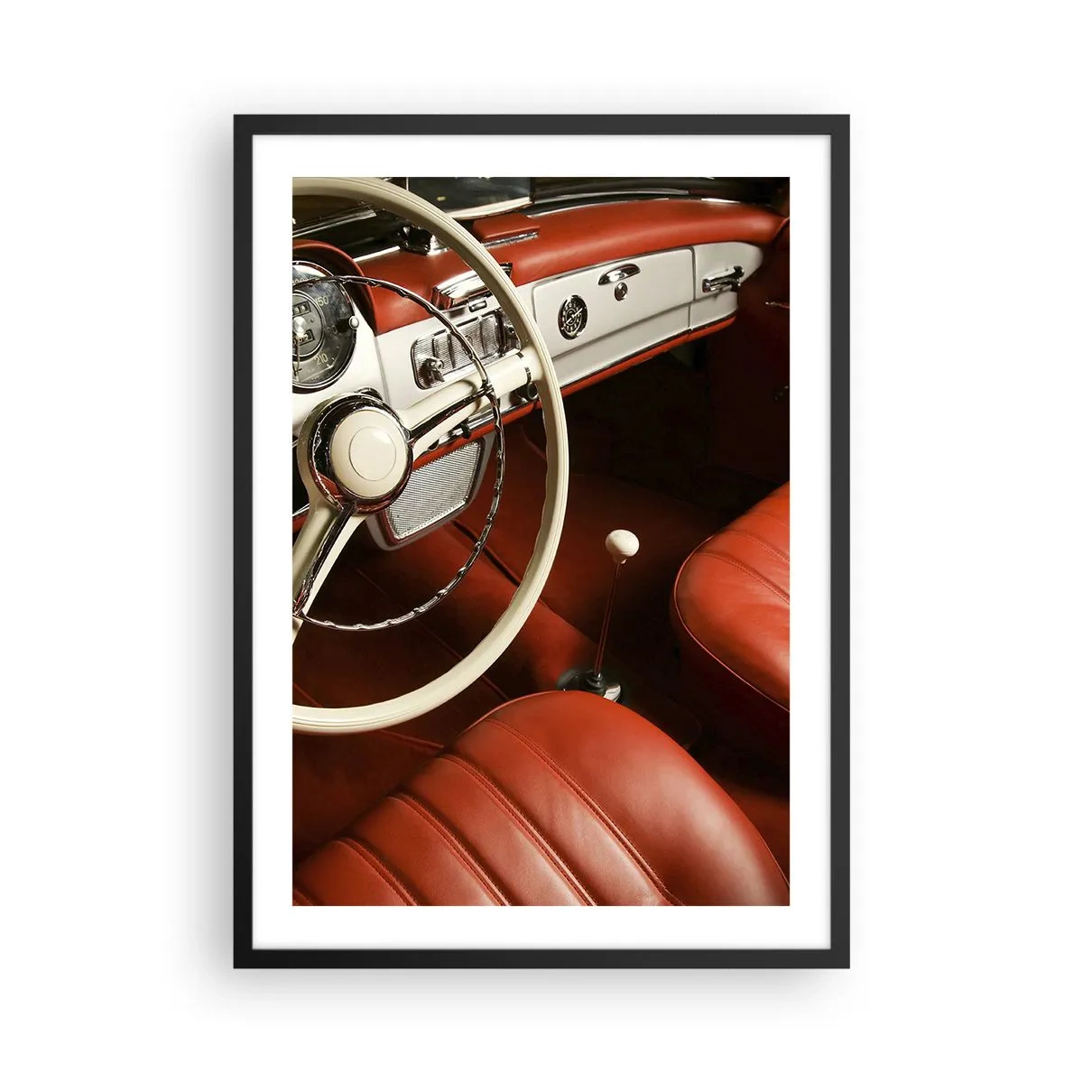 Plakát v černém rámu - Stylový interiér klasického vozu - 50x70cm - Luxus ve stylu vintage - Moderní nástěnná dekorace do obývacího pokoje a ložnice ARTTOR