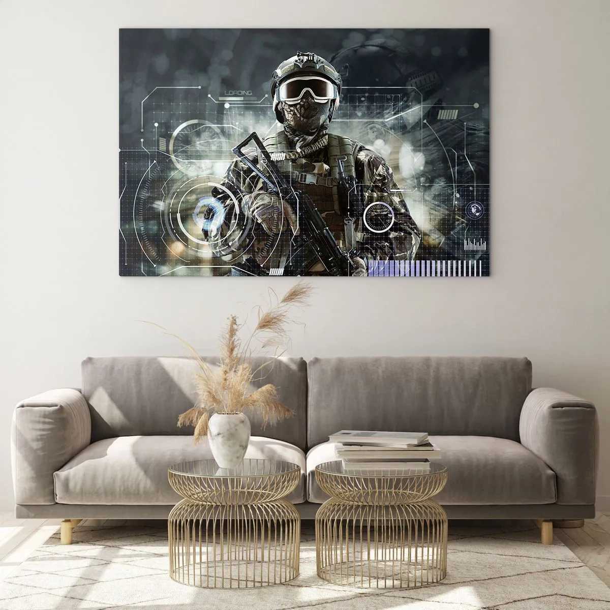 Obraz na skle - Voják v taktické výstroji na pozadí futuristického rozhraní. - 70x50cm - Ještě větší síla - Moderní nástěnná dekorace do obývacího pokoje a ložnice ARTTOR