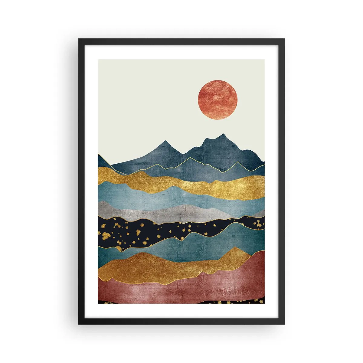 Plakát v černém rámu - Abstraktní hory v odstínech zlaté, modré a červené - 50x70cm - Průřez světem - Moderní nástěnná dekorace do obývacího pokoje a ložnice ARTTOR