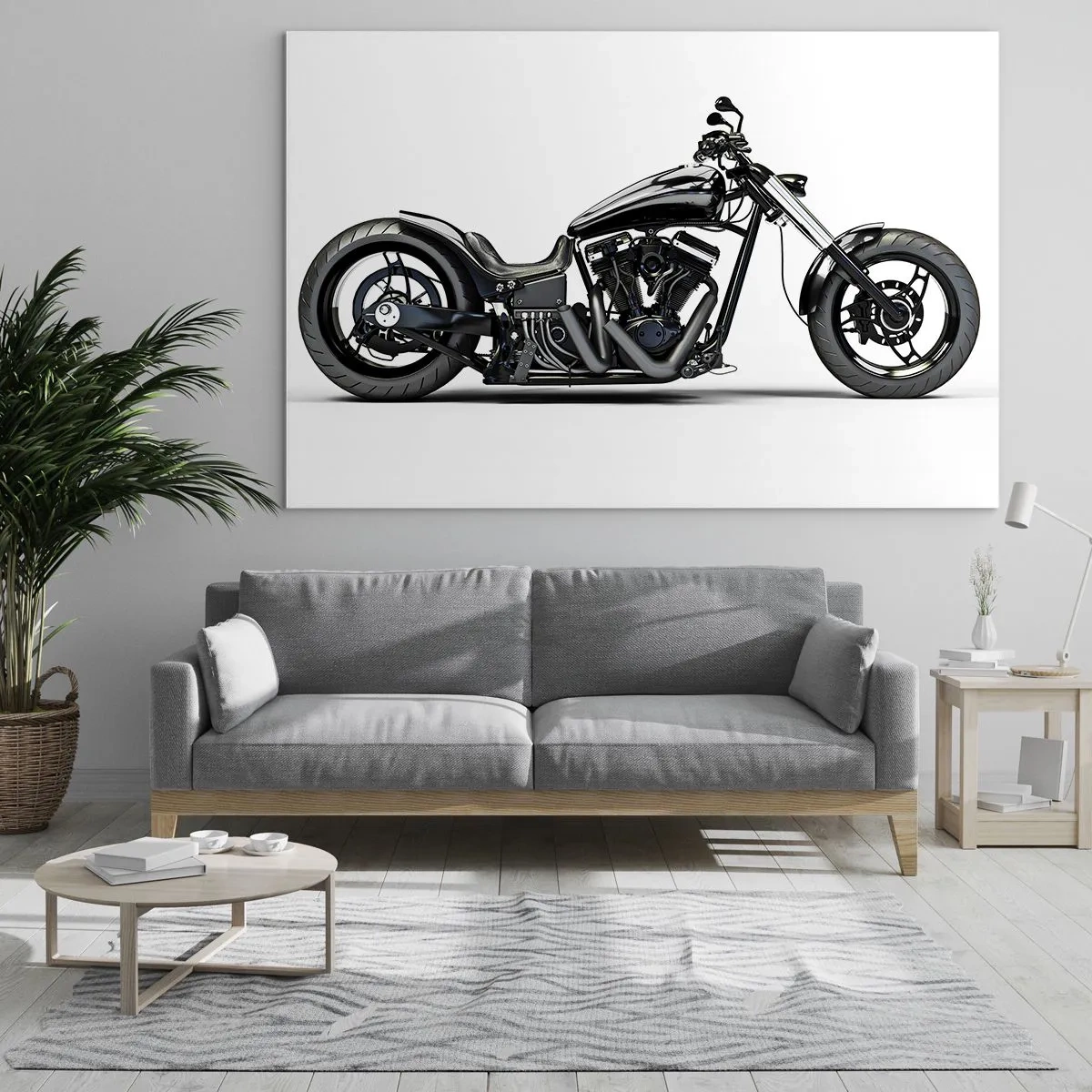 Obraz na skle - Černá zakázková motorka na bílém pozadí - 70x50cm - Pro milující svobodu - Moderní nástěnná dekorace do obývacího pokoje a ložnice ARTTOR