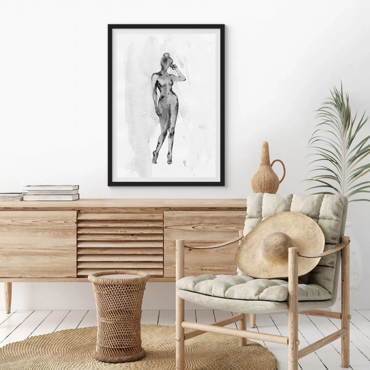 Plakát v černém rámu - Silueta ženy v černobílé akvarelové technice - 50x70cm - Studie o ideálu ženskosti - Moderní nástěnná dekorace do obývacího pokoje a ložnice ARTTOR
