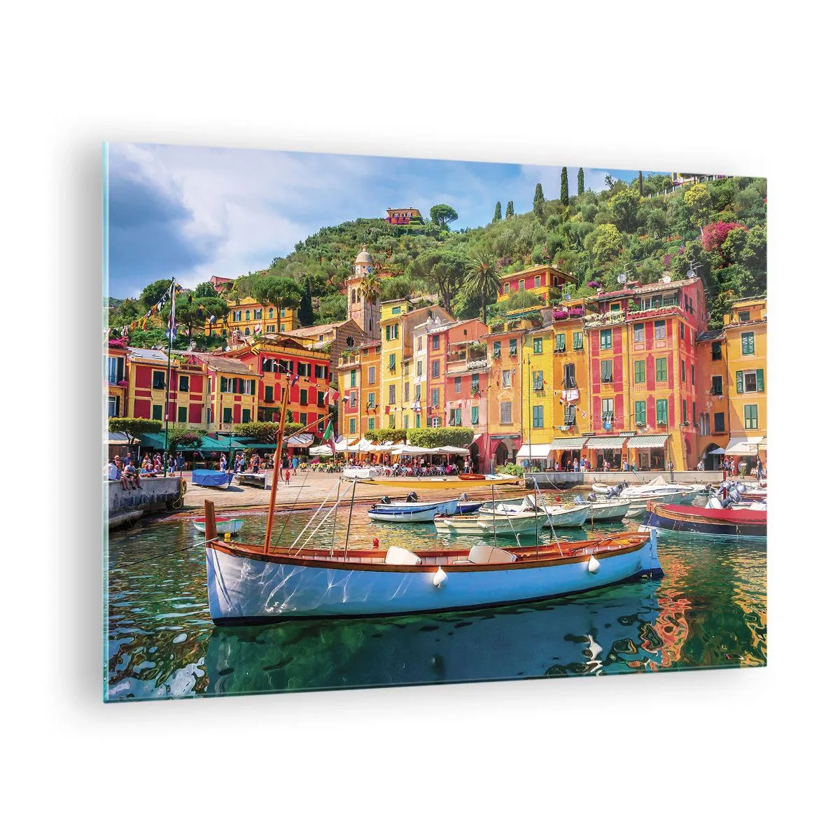 Obraz na skle - Barevné budovy u přístavu v malebném městečku - 70x50cm - Italské dopoledne - Moderní nástěnná dekorace do obývacího pokoje a ložnice ARTTOR