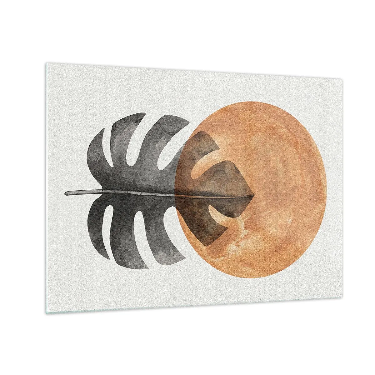 Obraz na skle - List monstery a oranžový kruh v grafickém stylu na bílém pozadí. - 70x50cm - Vždy slunce - Moderní nástěnná dekorace do obývacího pokoje a ložnice ARTTOR