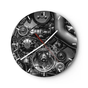 Nástěnné hodiny - Černobílý detail mechanismu motoru auta - 30x30cm - Poezie mechaniky - Moderní nástěnná dekorace do obývacího pokoje, kuchyně a ložnice ARTTOR