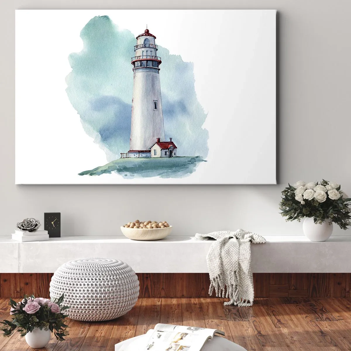 Obraz na plátně - Maják na modrém pozadí s akvarelem - 70x50cm - Něžná sestra blankytu - Moderní nástěnná dekorace do obývacího pokoje a ložnice ARTTOR