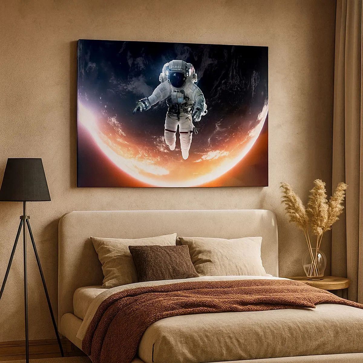 Obraz na plátně - Astronaut vznášející se nad sluncem zalitou Zemí - 70x50cm - Mohu zůstat ještě chvilku? - Moderní nástěnná dekorace do obývacího pokoje a ložnice ARTTOR