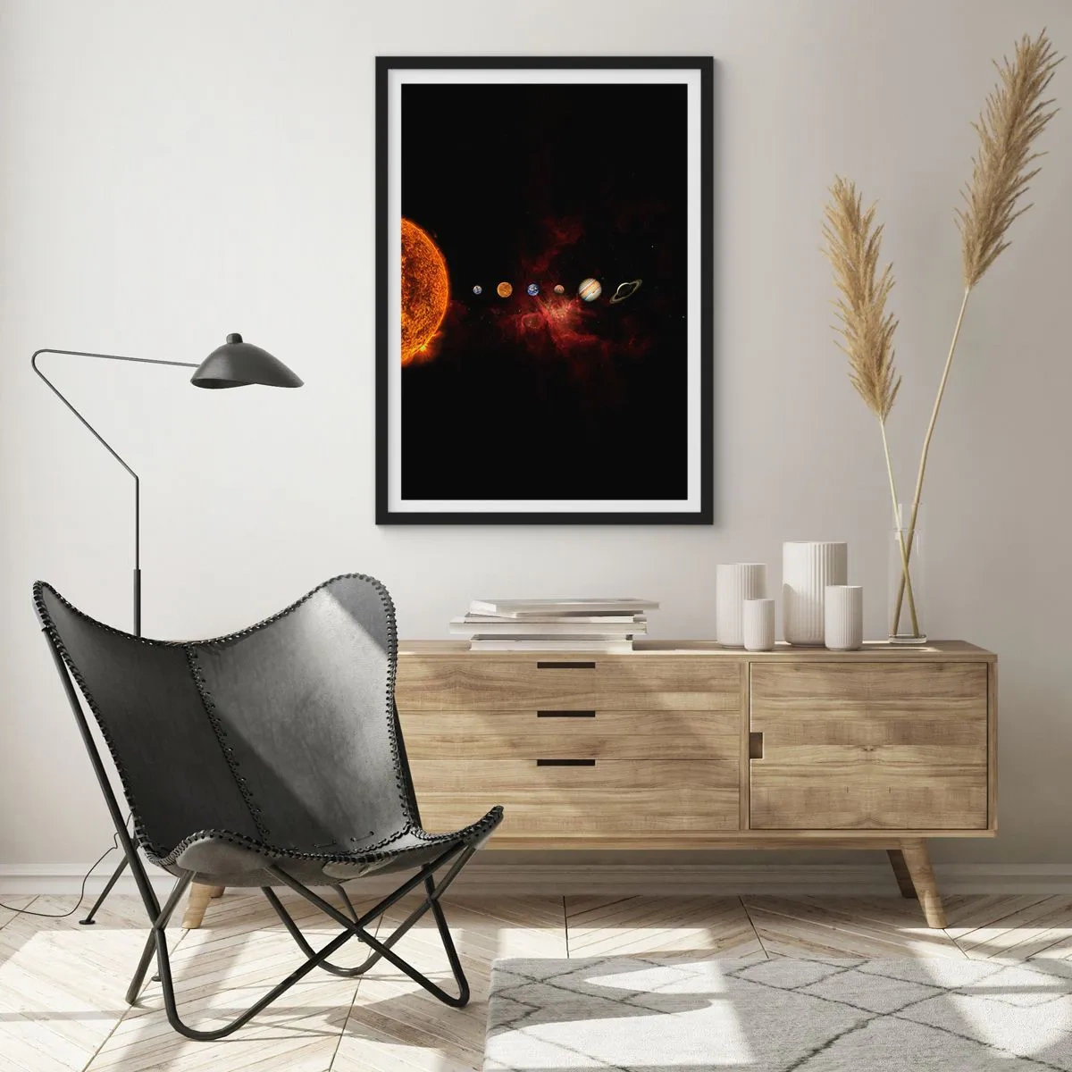 Plakát v černém rámu - Sluneční soustava s planetami na pozadí vesmíru - 50x70cm - Naše čtvrť - Moderní nástěnná dekorace do obývacího pokoje a ložnice ARTTOR
