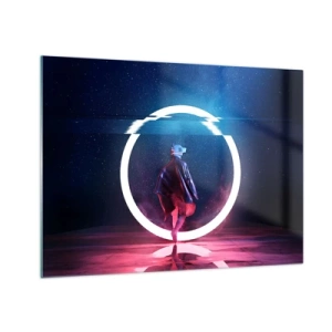 Obraz na skle - Postava ve futuristickém prostředí s neonovým prstencem - 70x50cm - Mezi světy - Moderní nástěnná dekorace do obývacího pokoje a ložnice ARTTOR