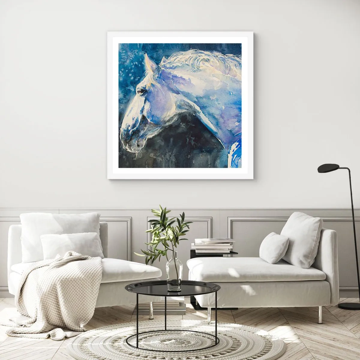 Plakát v bílém rámu - Portrét v modré záři - 40x40 cm