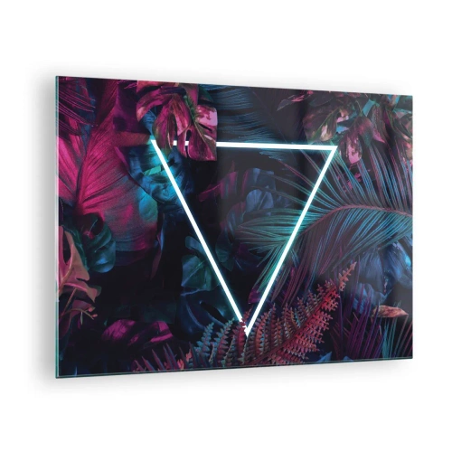 Obraz na skle - Neonový trojúhelník obklopený tropickými rostlinami v odstínech růžové a modré. - 70x50cm - Zahrada v disco stylu - Moderní nástěnná dekorace do obývacího pokoje a ložnice ARTTOR