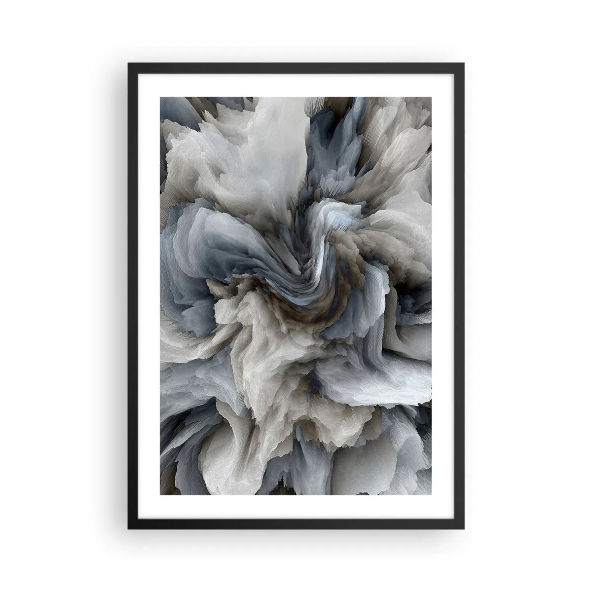 Plakát v černém rámu - Abstraktní exploze barev v odstínech šedé a modré. - 50x70cm - Kámen a květ - Moderní nástěnná dekorace do obývacího pokoje a ložnice ARTTOR