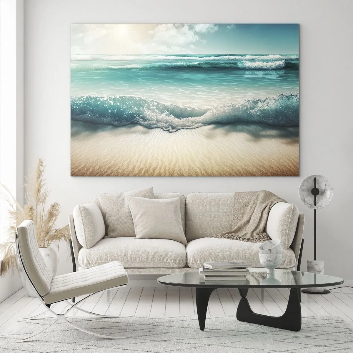 Obraz na skle - Tyrkysové oceánské vlny tříštící se o písečnou pláž - 70x50cm - Klid oceánu - Moderní nástěnná dekorace do obývacího pokoje a ložnice ARTTOR