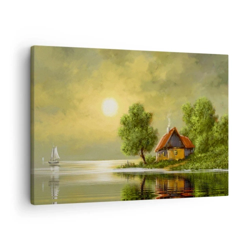 Obraz na plátně - Dům u jezera ve světle západu slunce - 70x50cm - Krásně, jako z obrázku - Moderní nástěnná dekorace do obývacího pokoje a ložnice ARTTOR